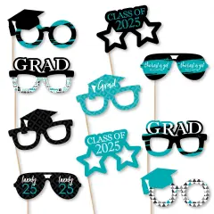 Big Dot of Happiness 2025 Teal Graduation Glasses - Paper Card Stock Party Photo Booth Props Kit - 10 Count