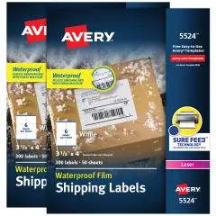 Avery Waterproof Labels with Ultrahold Permanent Adhesive, 3-1/3" x 4", Laser, 2-Pack, 600 Labels Total (25524)