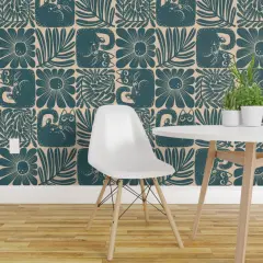 Pre-Pasted Wallpaper 2FT Wide Teal Block Print Retro Petrol Floral Cat Cream Squares Modern Leaves Custom Pre-pasted Wallpaper by Spoonflower