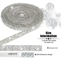 3 Yards Resin Rhinestone Ribbons Self Adhesive Diamond Ribbon Crystal Roll Glitter Bling for DIY Art Crafts (Silver AB Color, 0.4 Inch)