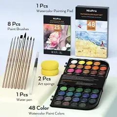 Watercolor Paint Set, 48 Water Colors Kit with 8 Squirrel Brushes, Palette, Watercolor Pen, 25 Art Pad Paper, 2 Art Sponges, Non-toxic Painting Supplies for Kids, Adults, Beginners, Artists