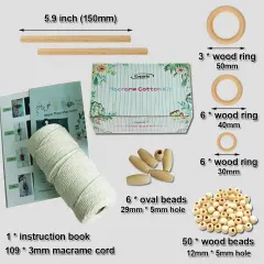 57 Pieces Easy Macrame Kits for Adults Beginners Supplier Wood Beads,Rings,Wooden Dowel for Macrame Plant Hangers,Macrame Wall Hanging with Instruction for Macrame Starters