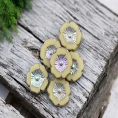 *12* 12mm Antique Silver AB Washed Opaque Ivory Table Cut Hawaiian Flower Beads