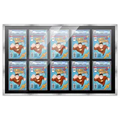 Comic Book Frame with Mat for 10 Graded Comics - Silver Wood Comic Frame With Black Mat for 8.125x13 Comics - 44x28.25 Frame Size