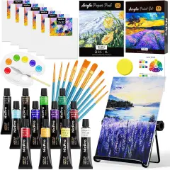 34PCS Art Painting Supplies Kit,12 Colors Acrylic Paint,Table Easel,6 Canvas Panels,10 Brushes