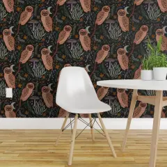 Pre-Pasted Wallpaper 2FT Wide Moody Whimsical Gothic Owls Mushrooms Woodland Creatures Mystical Witchy Dark Academia Whimsigoth Moon Night Sky Witches Large Scale Custom Pre-pasted Wallpaper by Spoonflower