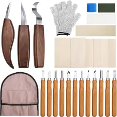 Wood Carving Kit 29 in-1 Wood Carving Tools with 3 Pcs Wood Carving Knives & 12PCS Detail Knives，Basswood Blocks & Gloves & Roll Bag & Strop Block & Polishing Compound Whittling Deluxe Kit