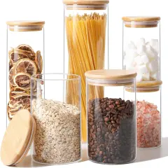 Glass Food Storage Jars Set of 6, Clear Glass Storage Containers with Lids, Canisters Sets for the kitchen, Spaghetti, Pasta, Flour, Nuts, Oat, Coffee and Sugar Container, Pantry Organization