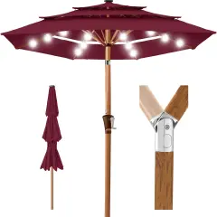 Best Choice Products Woodgrain Pattern 10ft 3-Tier Solar Patio Umbrella w/ 24 LED Lights, Tilt Burgundy