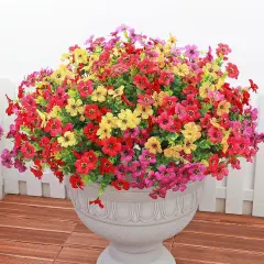 16 Bundles Summer Potted Artificial Flowers for Outdoors, Faux Plants Flowers