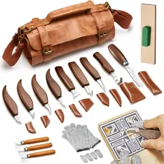 Wood Carving Kit, 17Pcs Wood Carving Tools, Professional Whittling Knife Set, Wooden Hand Knives with Sheath & Deluxe Leather Roll Bag for Beginners Adults & Starter Woodworking