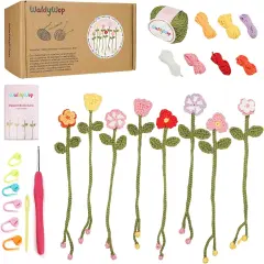 Crochet Kit for Beginners - 8 Flower Bookmarks Crocheting Kit w/Step-by-Step Video Tutorials & Soft Yarn and Hooks - Wobbles Crochet Starter Kit for Adults Kids, Birthday Gifts for Women Mom