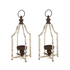Set of 2 White Farmhouse Metal Decorative Lanterns Hanging Candle Holders Wedding Decor