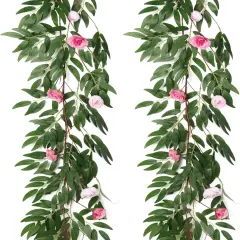 Artificial Hanging Willow Leaves Vine Twigs Whit Roses Flower 2Pc 5.7Ft Faux Ivy Plant Silk Green Leaf Rose Floral Garland Greenery Indoor Outdoor Wedding Jungle Birthday Party Garden Decor