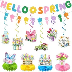 Colorful Glittery Hello Spring Banner Banner Spring Hanging Swirls Decorations Spring Honeycomb Centerpieces Decorations Spring Easter Tulip Flowers Party Banner for Ceiling Table Hanging Decors