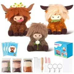 Highland Cow Needle Felting Kit - Set of 3 Different Highland Cow Doll Wool Felt Needle Felting Tools Foam Pad, DIY Home Decoration Needle Felting Craft Party Supplies for Beginners