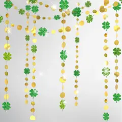 Cheerland Green Shamrock Garland St Patricks Day Decorations - 4 Leaf Clover Glitter St Paddy's Day Garland Hanging Streamers for St. Patrick's Day Irish Party Supplies and Spring Decor - 52Ft