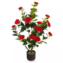 38" Faux Camellia Tree Artificial Floral Plant Fake Tree for Decoration Red