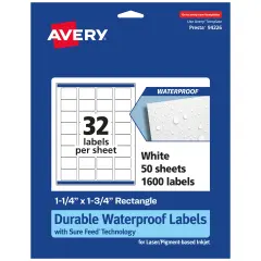 Avery Durable Waterproof Rectangle Labels with Sure Feed, 1.25" x 1.75"