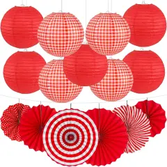 15Pcs Red Party Decorations Supplies Set, Hanging Red Paper Lanterns Paper Fans