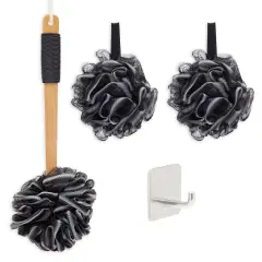 Loofah Bath Set with 1 Loofah on A Stick, 2 Sponge Poufs, and 1 Shower Hook Black