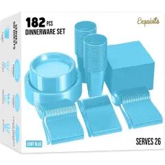 Exquisite 182 Pcs Plastic Plates for Party &ndash; Disposable Plates Set &ndash; 26 Each of 9" Dinner Plates, 7" Dessert Plates, Plastic Cups, Napkins & Plastic Cutlery &ndash; Plastic Dinnerware by Party Solids Light Blue