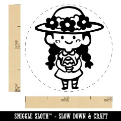Cute Girl with Easter Egg and Sun Hat and Braids Self-Inking Rubber Stamp Pink
