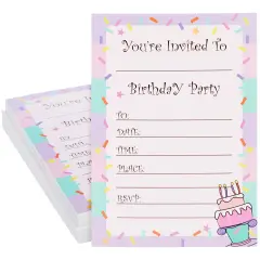24 Pack Birthday Invitations for Girls, Fill-In Invite Cards with Envelopes, Confetti Design (5x7 in) Purple