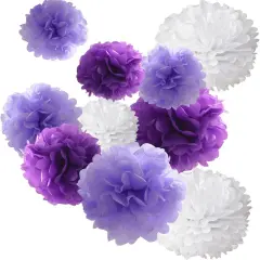 18pcs Tissue Hanging Paper Pom-poms (Purple & White, 8"/ 10"/ 12")