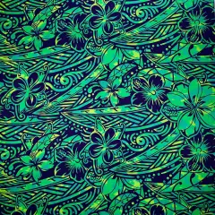 1 Yard Traditional Polynesian Tattoo Cotton Fabric with Hibiscus & Plumeria Swirls 36in L x 45in W Green/ Navy