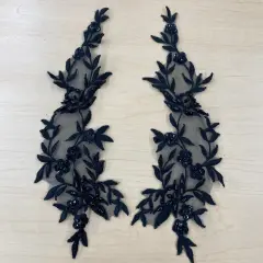1 Pair Beaded Floral Lace Applique Embroidered on 100% Polyester Organza 10" x 2.5" Each Side Black