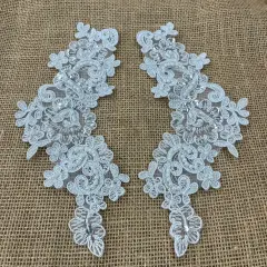 1 Pair 9" x 3" Each Side Beaded & Corded Floral Lace Applique Organza Antique Silver