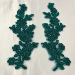 1 Pair Beaded & Corded Floral Lace Applique 10" x 2" Each Side Jade