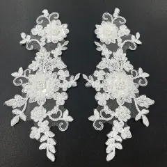 1 Pair Beaded & Corded Floral 3D Lace Applique 100% Polyester Net Mesh 9" x 4" Each Side White
