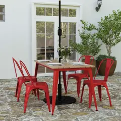 Merrick Lane Dryden Indoor/Outdoor Dining Table with Umbrella Hole, 30" x 60" All Weather Poly Resin Top and Steel Base Brown Top/Red Frame