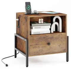 Costway Set of 1/2 Nightstand with Charging Station Bedside Table with Storage Shelf Side Table