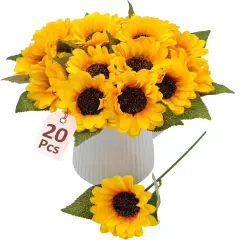 20 Pcs Bright Yellow Summer Sunflowers with Stems &ndash; Artificial Silk Blooms for DIY Home & Garden Projects Floral Arrangements