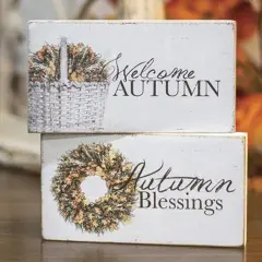 2 asstd. Welcome Autumn Wooden Block Decor for Shelf Table or Bookcase Accent