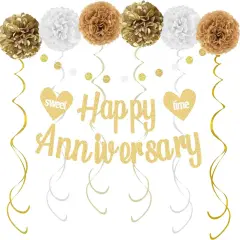 Happy Anniversary Decorations &ndash; Gold Banner, Pom Poms, Swirls & Garland