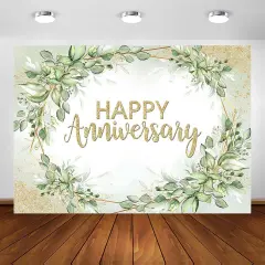 Happy Anniversary Backdrop - Sage Green Leaves Banne(7x5ft)