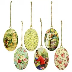 Vintage Egg Easter Ornaments 6ct Bunny Spring Decor Set
