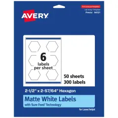 Avery Matte White Hexagon Labels with Sure Feed, 2-1/2" x 2-57/64"