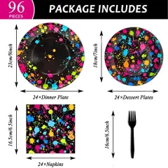 96&nbsp;Pieces Party Supplies for 24 Guests Glow Party Plates Napkins Tableware Neon Glow Birthday Colorful Graffiti Party Decoration Favor，