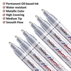 6 Silver Paint Markers Pens - Permanent Oil Based Metallic Paint Pen, Medium Tip, Quick Dry and Waterproof Marker for Rock, Wood, Fabric, Plastic, Canvas, Glass, Mugs, Canvas