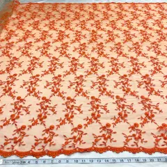 1 Yard Beaded Lace Fabric Embroidered Pearl Sequin Bridal Mesh Wedding Dress 54" Width Orange