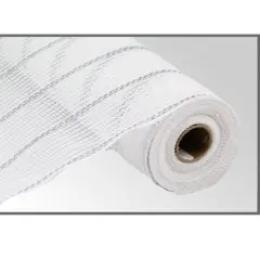 10.5" Poly Jute Matte Metallic Mesh Ribbon: White/Silver (10 Yards)