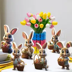 6 PCS Easter Bunny Decorations Indoor, Easter Bunny Wooden Signs, Table Centerpieces Easter Rabbit with Basket Egg