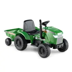 Green Plastic 12V 2-in-1 Kids Ride On Tractor with Trailer, 3-Gear Shift, Battery-Powered