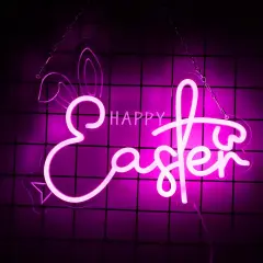 Happy Easter Neon Sign Easter Bunny Neon Light Sign Dimmable LED Signs for Wall Easter Light Up Sign Decoration Easter Rabbit Bunny Neon Wall Sign Decor Gift