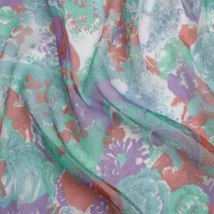 1 Yard Mint Purple Turquoise Ornamental Gardens Crinkled Silk Chiffon, 54 Inches Wide